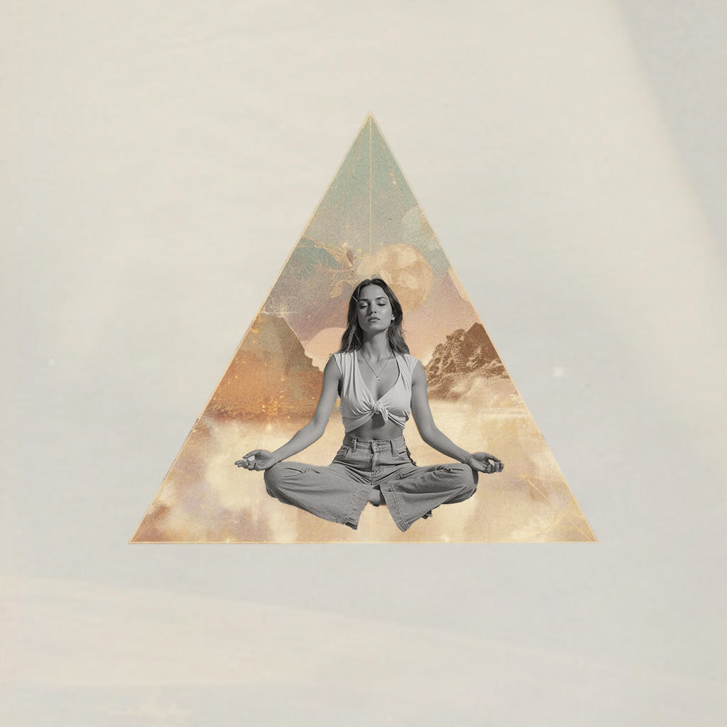 Mujer en meditación dentro de una pirámide dorada sobre fondo marfil, símbolo de conexión interior y energía creativa. Collage poético inspirado en La Mais OM, con tonos cálidos y textura de papel.