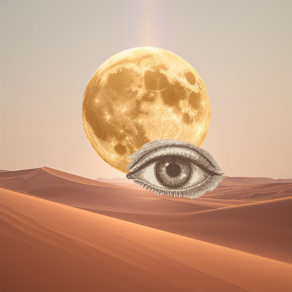 Collage simbólico con una luna dorada sobre un paisaje desértico y un ojo ilustrado en el centro, símbolo de intuición y conexión interior. Imagen inspirada en los rituales de La Mais OM, que evocan autenticidad, creatividad y autocuidado.